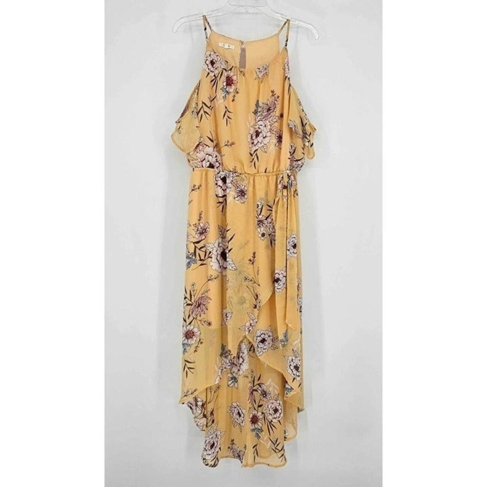 Maurices Cold Shoulder Asymmetrical Hem Lightweight Flowy Yellow Floral Dress XL